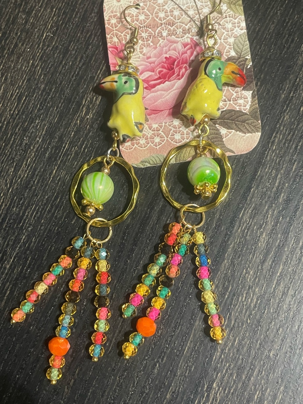 Hand Crafted Multicolor Toucan Sam Dangle Earrings with Gold Accents - Picture 6 of 6
